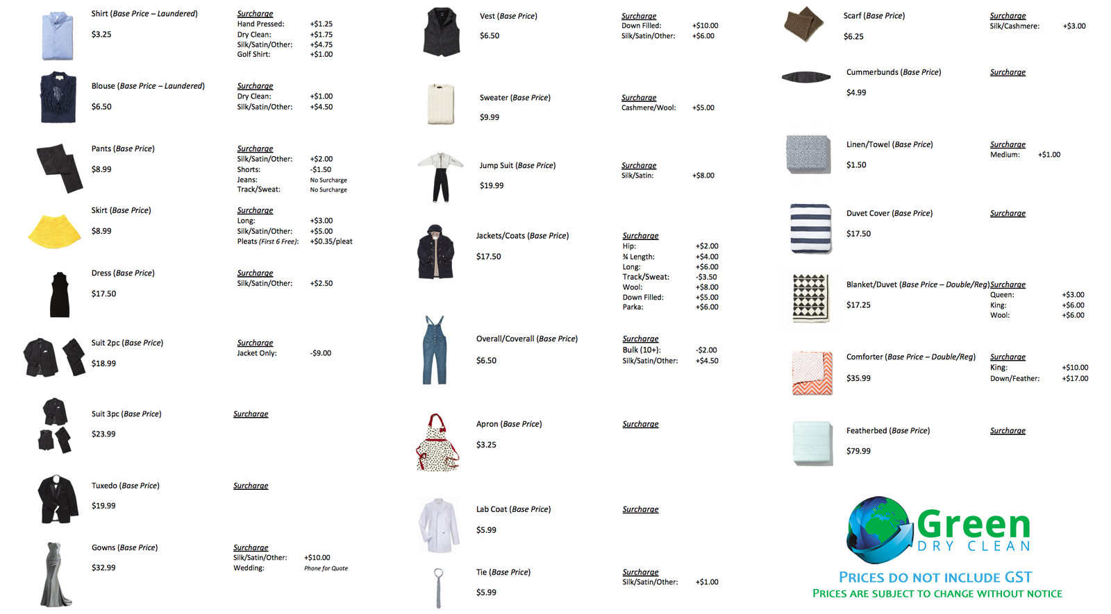 our price list